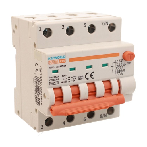 [GB24640] RCBO Interruttore Magnetotermico Differenziale Con Doppia Leva Tipo A - SI Curva C 4P 4M 6000A 300mA, Diagnostica Visiva, C40A  AC 400V IP20 IEC61009-1 PL8M4 4P 