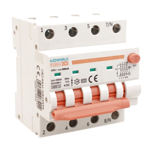 [GB24640] RCBO Interruttore Magnetotermico Differenziale Con Doppia Leva Tipo A Curva C 4P 4M 6000A 300mA, Diagnostica Visiva, C40A  AC 400V IP20 IEC61009-1 PL8M4 4P 