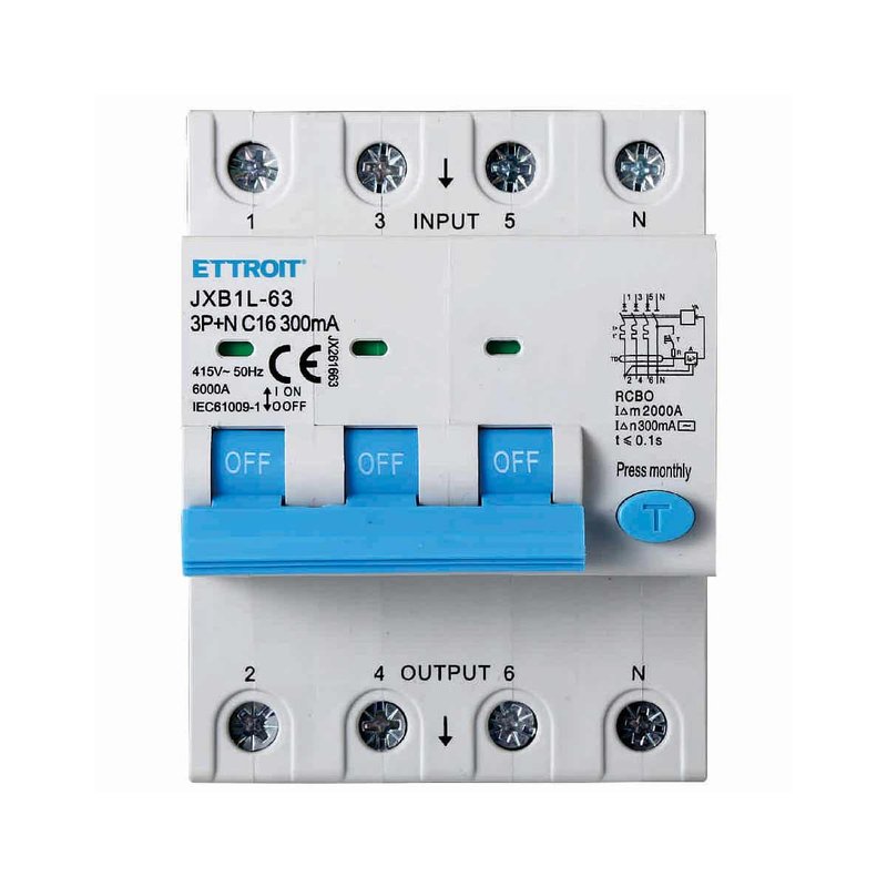 [JX261663] Interruttore Magnetotermico Differenziale 3P+N 16A 6KA 300mA 380V Occupa 4 Moduli DIN