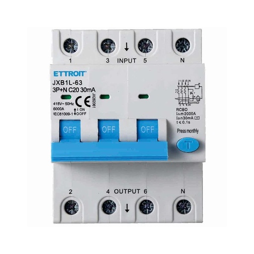 [JX262061] Interruttore Magnetotermico Differenziale 3P+N 20A 6KA 30mA 380V Occupa 4 Moduli DIN