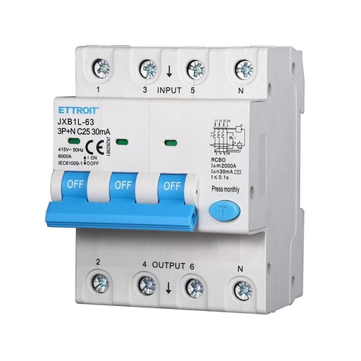 [JX262561] Interruttore Magnetotermico Differenziale 3P+N 25A 6KA 30mA 380V Occupa 4 Moduli DIN