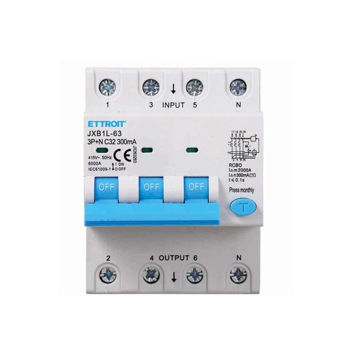 [JX263263] Interruttore Magnetotermico Differenziale 3P+N 32A 6KA 300mA 380V Occupa 4 Moduli DIN