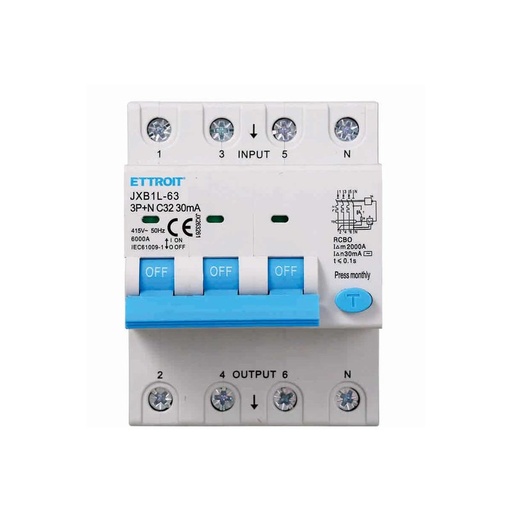 [JX263261] Interruttore Magnetotermico Differenziale 3P+N 32A 6KA 30mA 380V Occupa 4 Moduli DIN