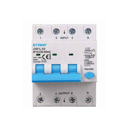 [JX265063] Interruttore Magnetotermico Differenziale 3P+N 50A 6KA 300mA 380V Occupa 4 Moduli DIN