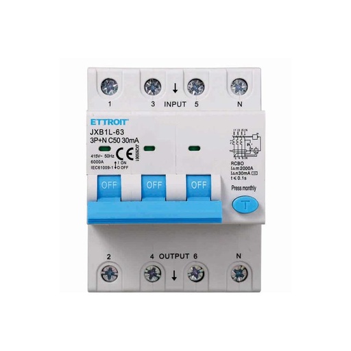 [JX265061] Interruttore Magnetotermico Differenziale 3P+N 50A 6KA 30mA 380V Occupa 4 Moduli DIN