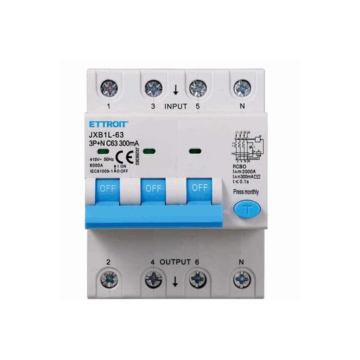 [JX266363] Interruttore Magnetotermico Differenziale 3P+N 63A 6KA 300mA 380V Occupa 4 Moduli DIN