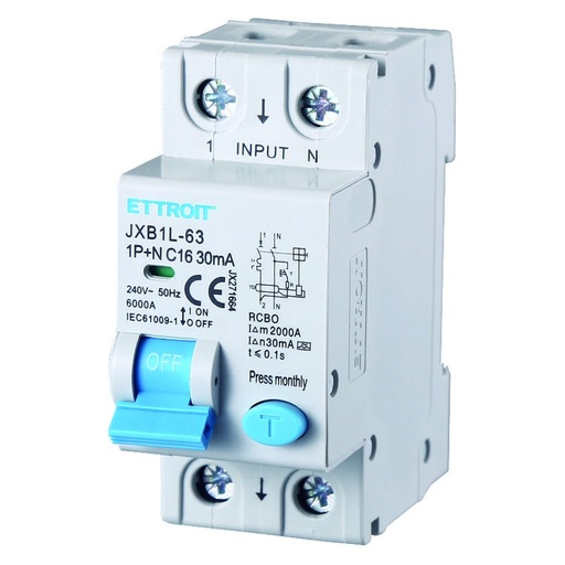 [JX271664] ETTROIT Interruttore Magnetotermico Differenziale Tipo A 1P+N 16A 6KA 30mA 220V Occupa 2 Moduli DIN