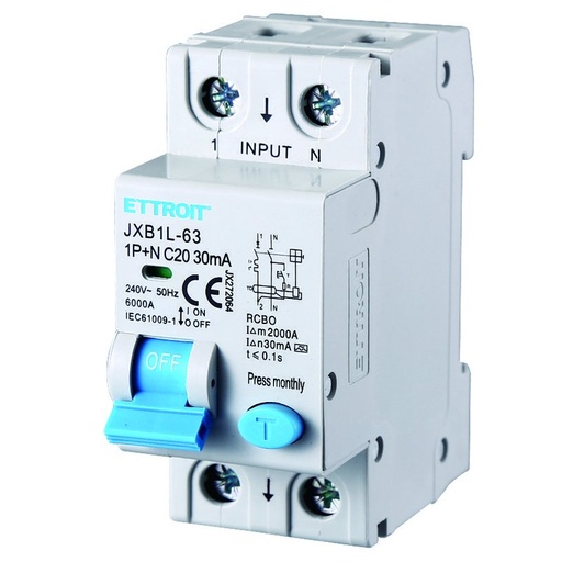 [JX272064] Interruttore Magnetotermico Differenziale Tipo A 1P+N 20A 6KA 30mA 220V Occupa 2 Moduli DIN