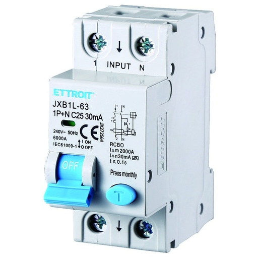 [JX272564] Interruttore Magnetotermico Differenziale Tipo A 1P+N 25A 6KA 30mA 220V Occupa 2 Moduli DIN