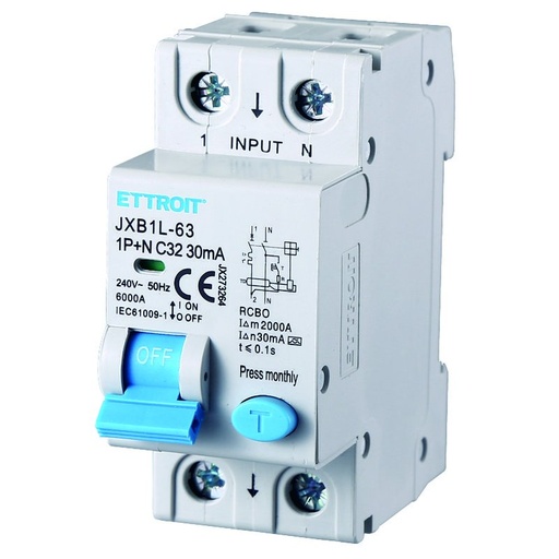 [JX273264] Interruttore Magnetotermico Differenziale Tipo A 1P+N 32A 6KA 30mA 220V Occupa 2 Moduli DIN