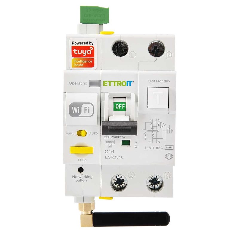 [ESR3516] Interruttore Magnetotermico Differenziale Smart WIFI 1P+N 16A 230V/400V App TUYA Occupa 3 Moduli DIN