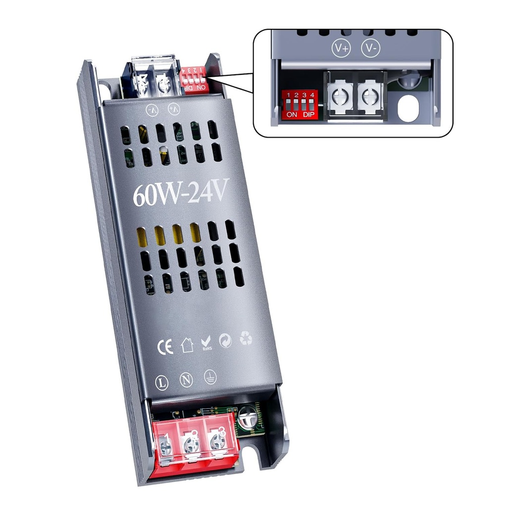 Alimentatore LED 24V DC, trasformatore 220–240V AC IP20 uso interno, Disponibili 60W 100W 150W 200W 300W 400W