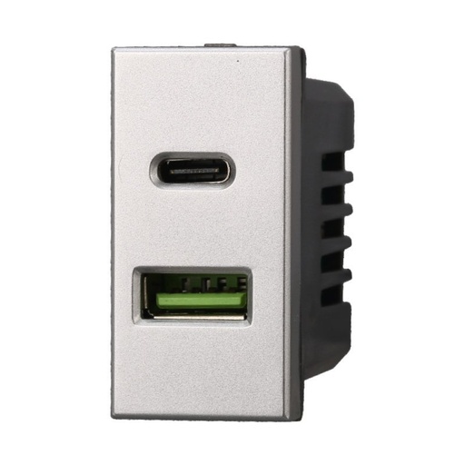 [BAG3002] ETTROIT Modulo Presa Caricatore USB 2 Porte 3,1A USB-A + USB Type C Colore Grigio Compatibile Con Bticino Axolute