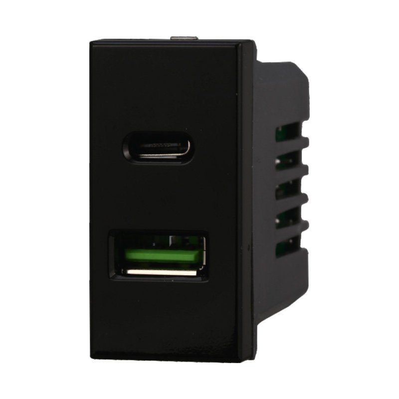 Modulo Presa Caricatore USB 2 Porte 3,1A USB-A + USB Type C Colore Nero Compatibile Con Bticino Axolute