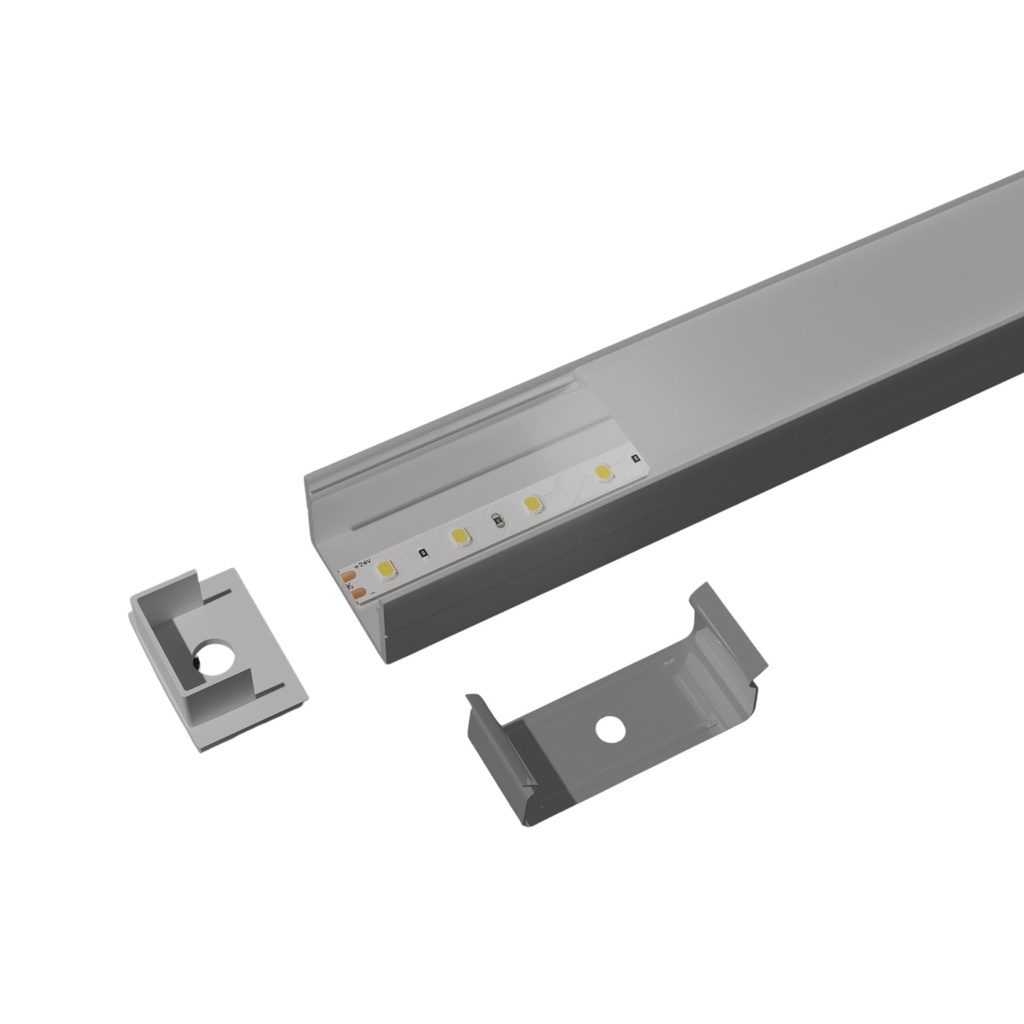 [SP3420] Kit Profilo Alluminio Completo Da 2 Metri Per Striscia Led, Alta, Dimensione 19.3X13mm, Larghezza Interna 15mm, 135g/m, Copertura Opale, Tappi Chiusura e Clip Fissaggio Incluso