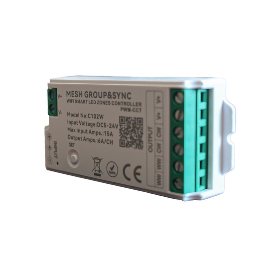 [CLC102W] Centralina Controller per Striscia Led CCT WIFI 2.4G, RF 2.4G TUYA, Smart Life Max 15A Tot. (6A/CH) DC5-24V 360W 2 Canali CCT CLC102R Bianco