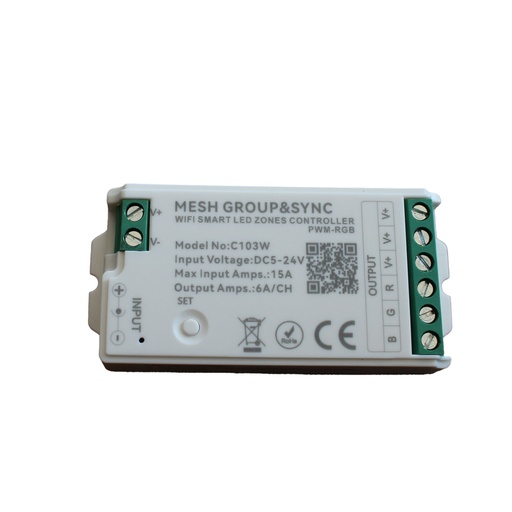 [CLC103W] Centralina Controller per Striscia Led RGB WIFI 2.4G, RF 2.4G TUYA, Smart Life Max 15A Tot. (6A/CH) DC5-24V 360W 3 Canali RGB CLC103R Bianco