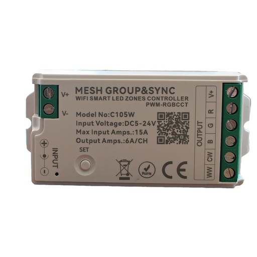 [CLC105W] Centralina Controller Per Striscia Led RGBCCT WIFI 2.4G, RF 2.4G TUYA, Smart Life Max 15A Tot. (6A/CH) DC5-24V 360W 5 Canali RGBCCT CLC105R Bianco