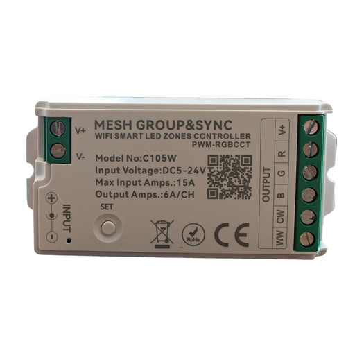 [CLC105W] Centralina Controller Per Striscia Led RGBCCT WIFI 2.4G, RF 2.4G TUYA, Smart Life Max 15A Tot. (6A/CH) DC5-24V 360W 5 Canali RGBCCT CLC105R Bianco