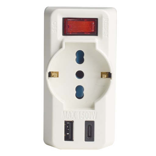 [AP83060] Multipresa Adattatore con Interruttore Spina 10A, 2 Prese Bipasso 10A/16A, 1 Presa Schuko Universale, USB A 3A + USB-C 3A, 250V Max 1500W