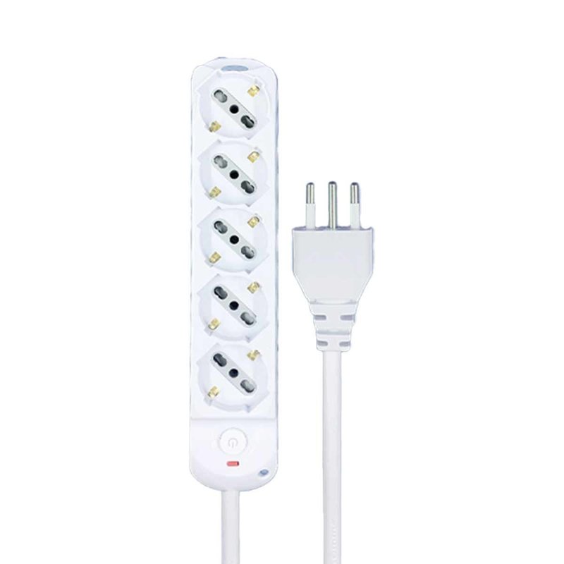 [AP3525B] Multipresa Ciabatta Elettrica a 5 Posti 5 Prese Bipasso Schuko 10A/16A con Interruttore e Spina 10A Cavo 1.5 metri Bianco
